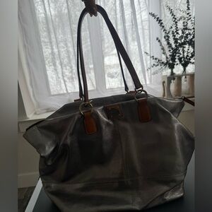 Dooney & Bourke Silver and brown  Leather Tote Bag with gold hardware